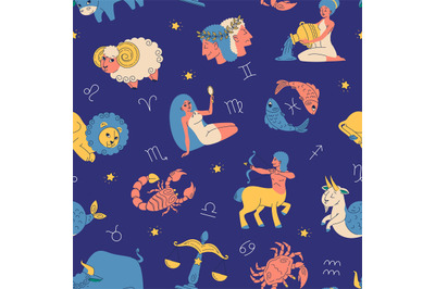 Zodiac signs seamless pattern. Night sky with astrological symbols and