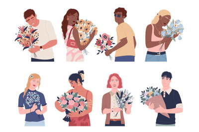 People holding flower bouquets. Cartoon characters with beautiful flow