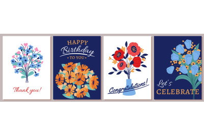 Flower bouquets cards. Cute posters with beautiful floral compositions