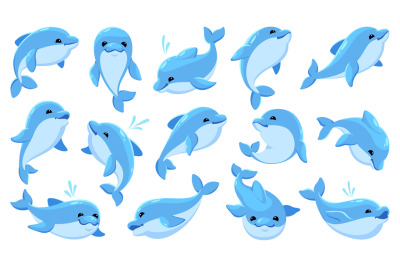 Cartoon dolphin characters. Cute funny marine animal, different swim p