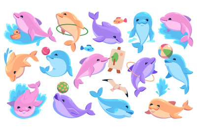 Funny dolphin characters. Cartoon marine animal with show accessories,