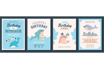 Kids birthday cards with cute dolphins. Childish holiday invitational