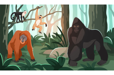 Monkeys in jungle. Exotic animals in nature, gorilla, orangutan and li