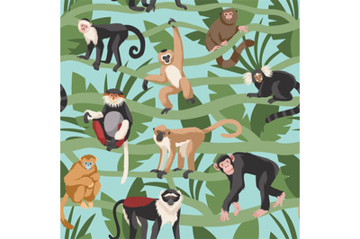 Monkeys seamless pattern. Tropical forest with lianas and different br