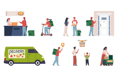 Delivery service couriers. People order food and groceries from shops,