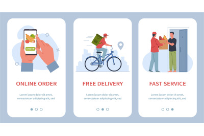 Food grocery delivery banners. Ordering products by phone and via app,