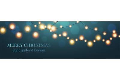 Christmas banner. Light garland. New year holiday decoration. Glowing