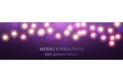 Christmas banner. Merry xmas horizontal poster. Light garland on purpl