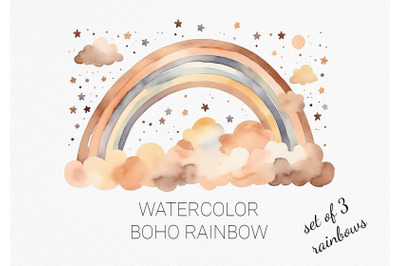 Boho rainbow, pastel colors. Set of 3 watercolor rainbows. Nursery, ki