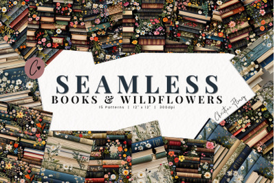 Seamless Books &amp; Wildflowers Patterns