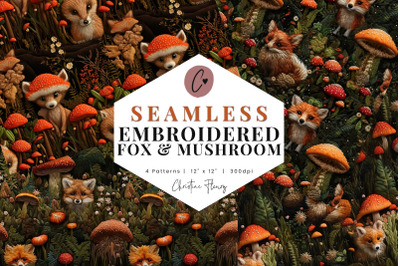 Seamless Embroidered Fox &amp; Mushrooms