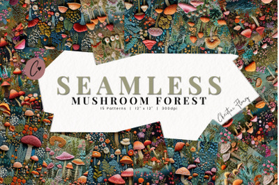 Seamless Embroidered Mushroom Forest Pattern