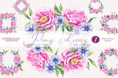 Watercolor peony and chicory wreaths PNG
