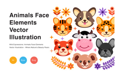 Animals Face Elements Vector Illustration
