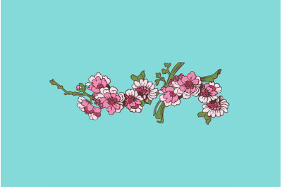 Festive Sakura isolated on blue background. Oriental traditional, outl