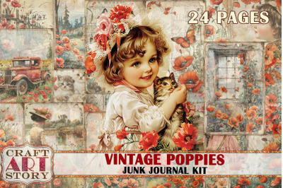 Vintage Poppies Junk Journal Kit,scrapbook digital papers