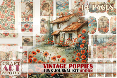 Vintage Poppies Junk Journal Kit ADDON,scrapbook