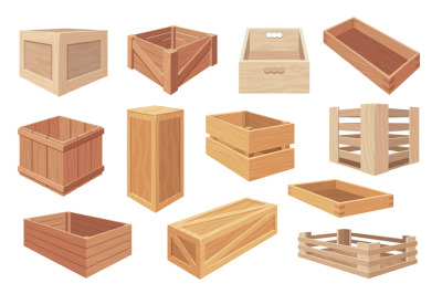 Wooden boxes. Cartoon wooden crates and packages, closed and open wood