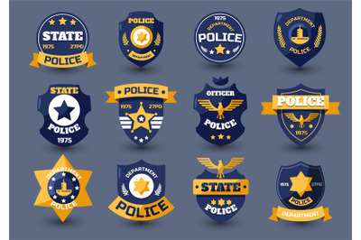 Police officer seal. Policeman badges and sheriff emblems with star an