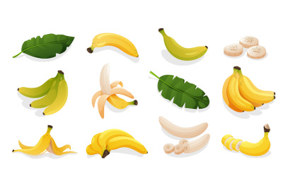 Cartoon banana slices. Yellow ripe organic fruit with peel, sweet orga
