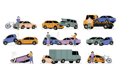 Cartoon car accidents. Crash of vehicle with pedestrian, driver and pa