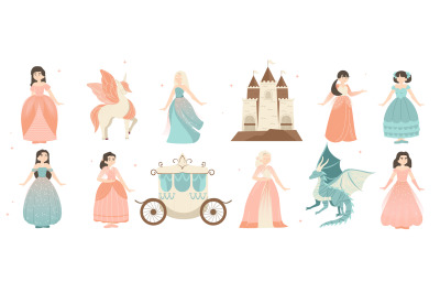 Cute fairy princess. Cartoon little girls in princess dress with medie