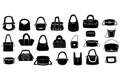 Female purse silhouette. Fashionable black clutch and handbag icons, e