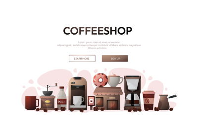 Coffee webpage concept. Modern web banner with coffee shop cafe elemen