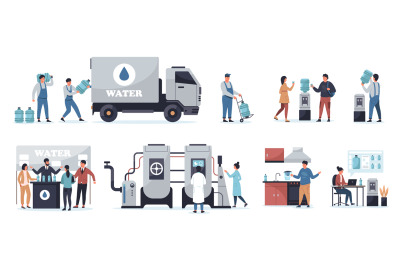 Water delivery service. Cartoon man with plastic bottle, van and truck