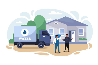 Water delivery concept. Cartoon characters with mineral water bottle a
