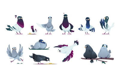 Cute pigeon characters. Cartoon flying doves with different emotions,