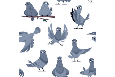 Cartoon pigeon pattern. Seamless print of cute birds in different pose