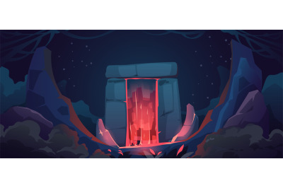 Cartoon magic portal background. Fantasy entrance arch with neon light