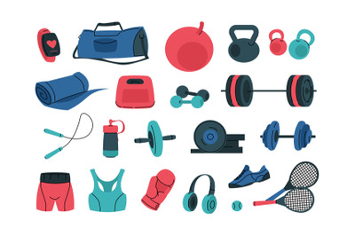Fitness equipment. Cartoon sportswear and gym tools, training devices