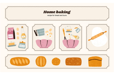 Homemade bread recipe. Baking ingredients and tools, traditional food