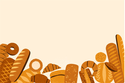 Bread background. Vintage bakery banner with bagels croissants baguett