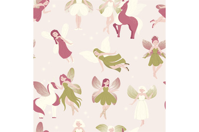 Cute fairy pattern. Seamless print with magic girls and butterflies, d