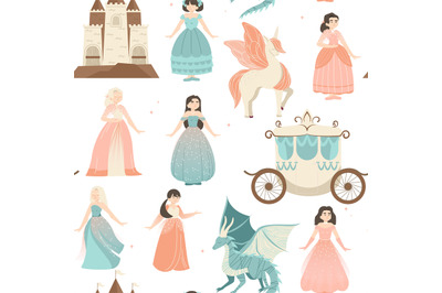 Childish princess pattern. Cute fairy tale seamless print with princes