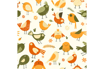 Cute spring birds pattern. Seamless print with cartoon colorful flying