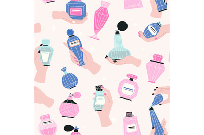 Cartoon perfume pattern. Abstract grungy doodle bottles and flasks wit