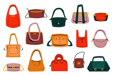 Cartoon woman bags. Modern trendy female handbag collection, elegant s