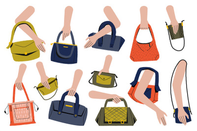 Hands hold woman purse. Cartoon elegant female bags, fashionable lady