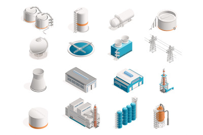 Isometric factories. Industrial buildings with production and warehous