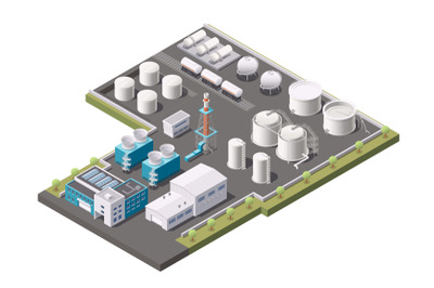 Factory buildings isometric concept. Petroleum industry oil refinery p