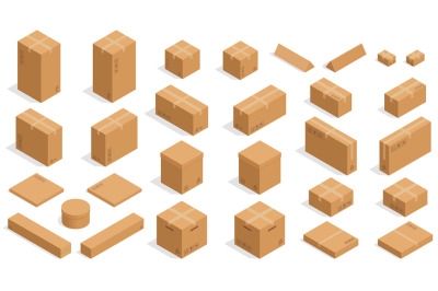 Isometric cardboard boxes. Vector square and rectangular packaging car