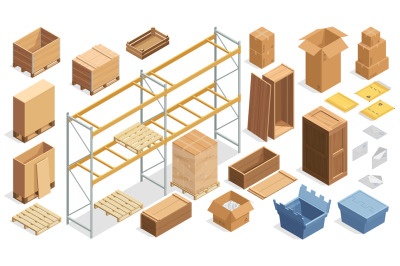Isometric shipping packages. Closed cardboard carton boxes, open corru