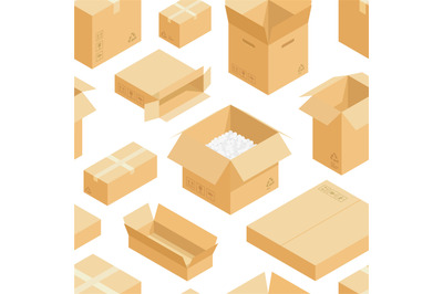 Isometric boxes pattern. Seamless print of abstract cardboard packagin