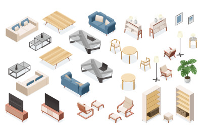 Isometric living room furniture. Modern apartment interior elements, s
