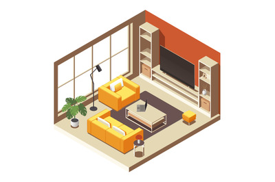Isometric living room interior. Cartoon apartment with furniture, mode