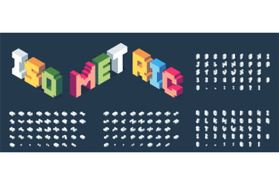 Isometric font. Futuristic 3D alphabet with colorful geometric shapes,